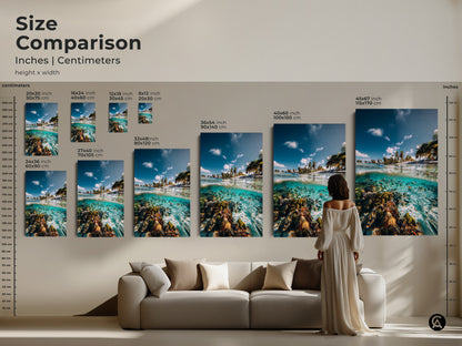 Size comparison of ocean split view artwork in inches and centimeters. Visualize the art in various sizes above a couch. Coastal art for your home.