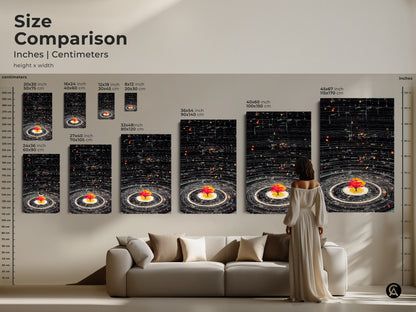 Size Comparison of Abstract Cosmic Tree of Life Art Print. Inches and centimeters are included for height width. Multiple sizes available for the generative space orbits canvas. Science inspired decor in various dimensions perfect for modern wall art.