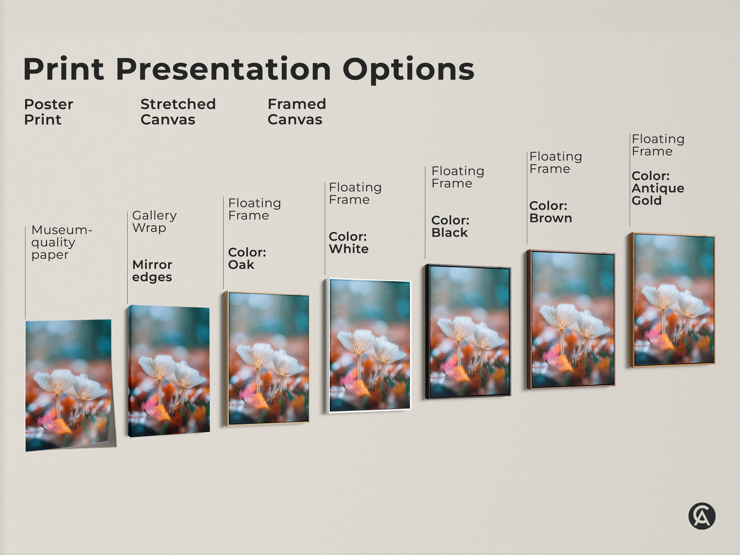Explore print presentation options for mushroom artwork. Choose from poster prints stretched canvas and framed canvas. Various floating frame colors are available. Find the perfect style to match your decor aesthetic.