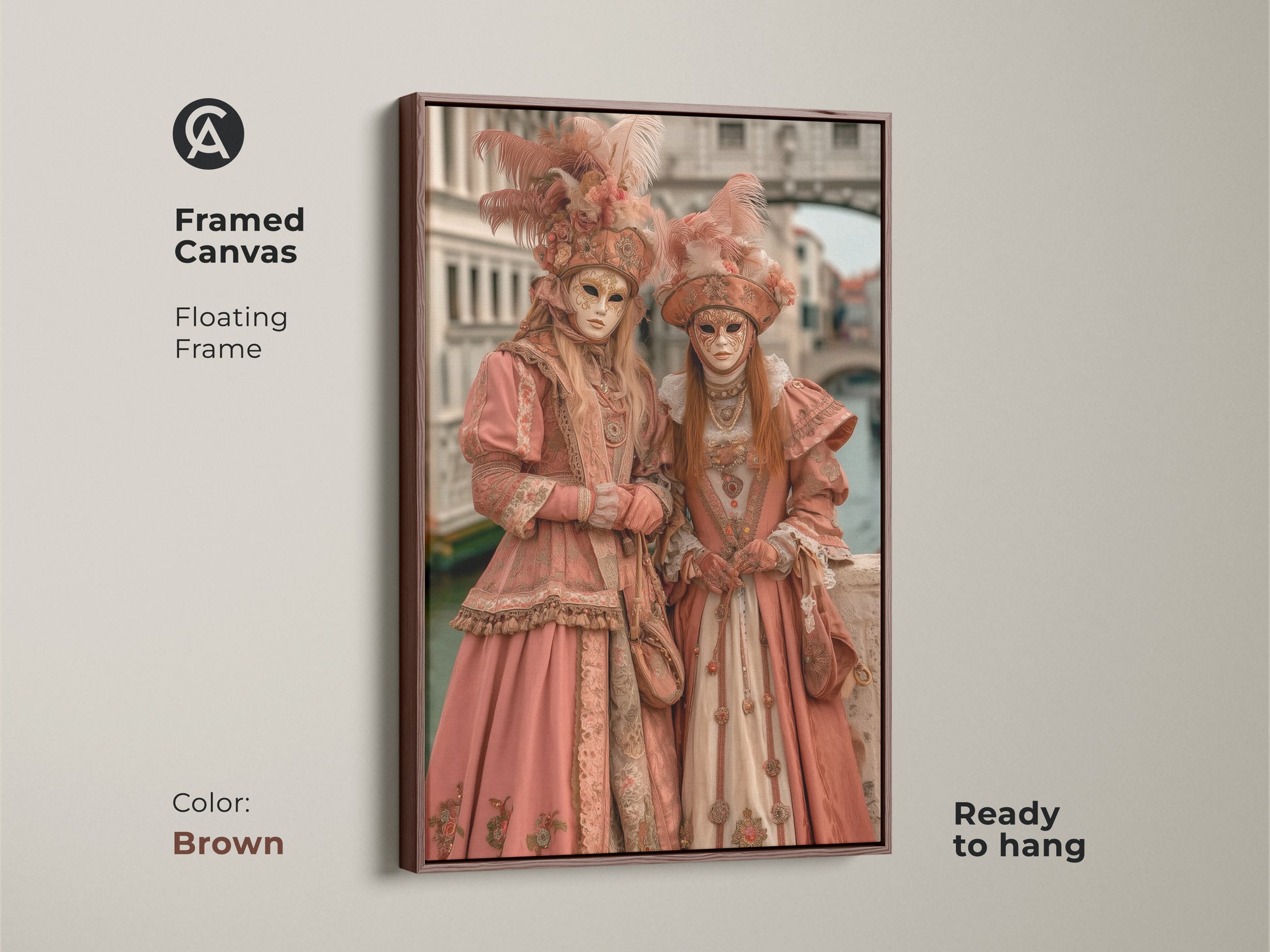 Framed canvas print showcases two figures in Venetian carnival costumes. The brown floating frame complements the artwork's warm tones. It is ready to hang and brings a touch of Venetian charm to your home decor. Perfect for art enthusiasts.