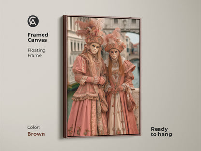 Framed canvas print showcases two figures in Venetian carnival costumes. The brown floating frame complements the artwork's warm tones. It is ready to hang and brings a touch of Venetian charm to your home decor. Perfect for art enthusiasts.