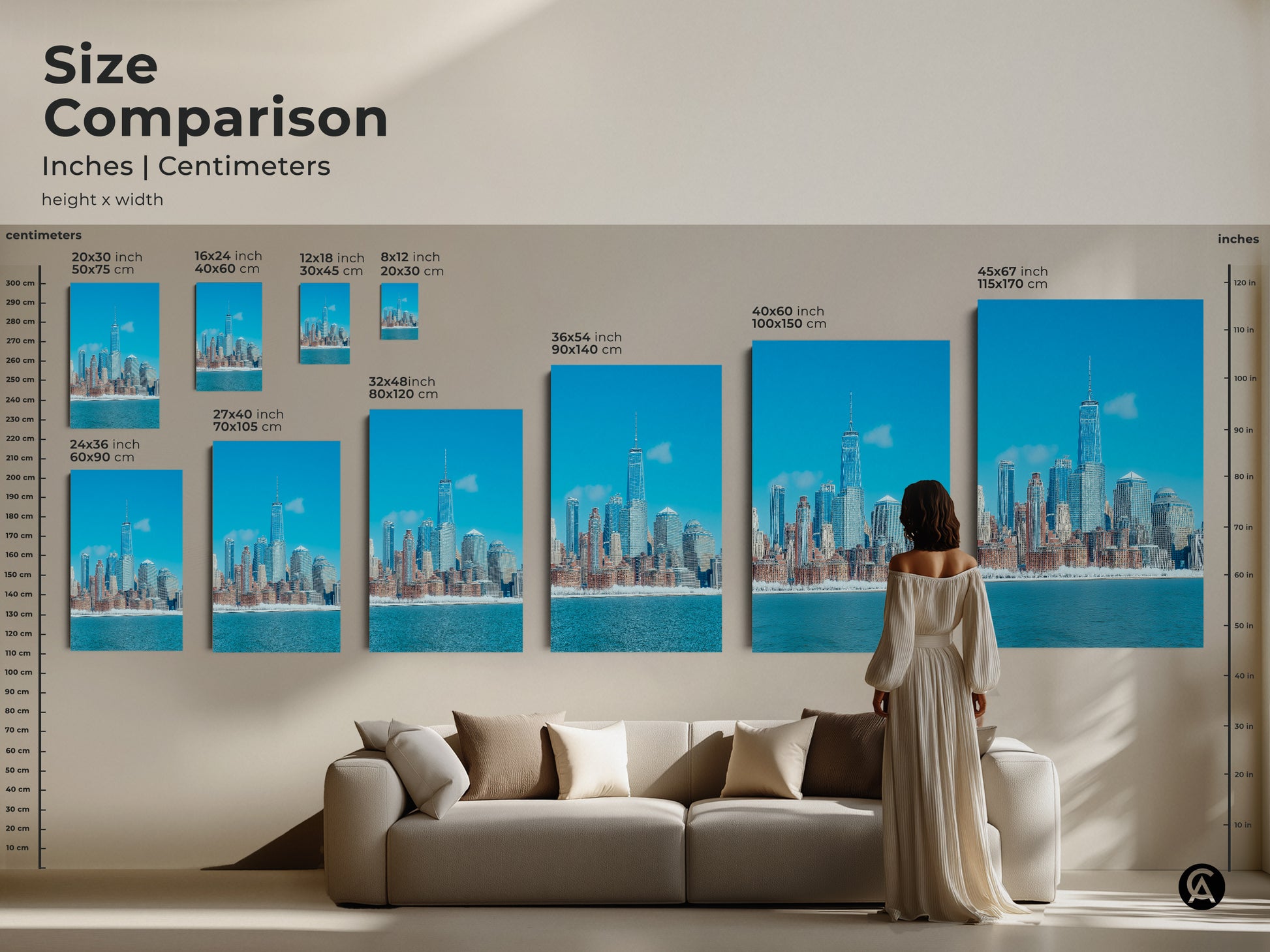 Size comparison of modern NYC cityscape art in various dimensions. Visualize how this blue skyline canvas or poster fits above your sofa. Find the ideal scale for this contemporary urban artwork.