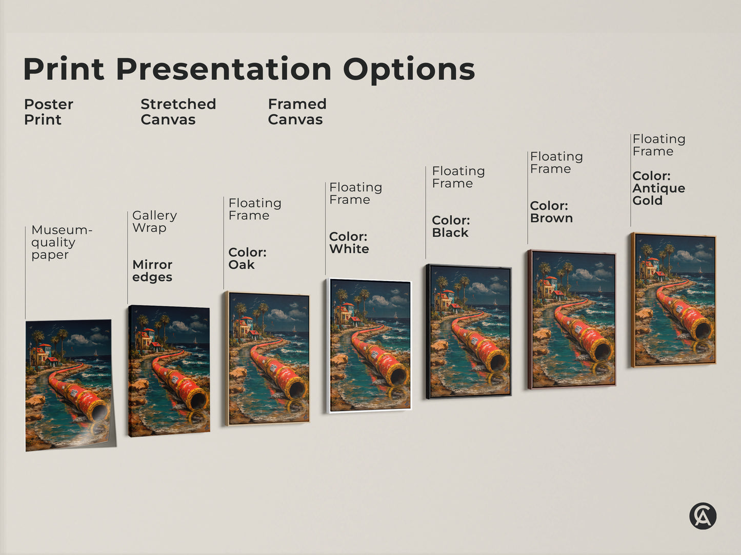Explore print presentation options for surreal industrial pipeline artwork. Choose from poster prints stretched canvas or framed canvas. Select gallery wrap mirror edges or floating frames in oak white black brown or antique gold.