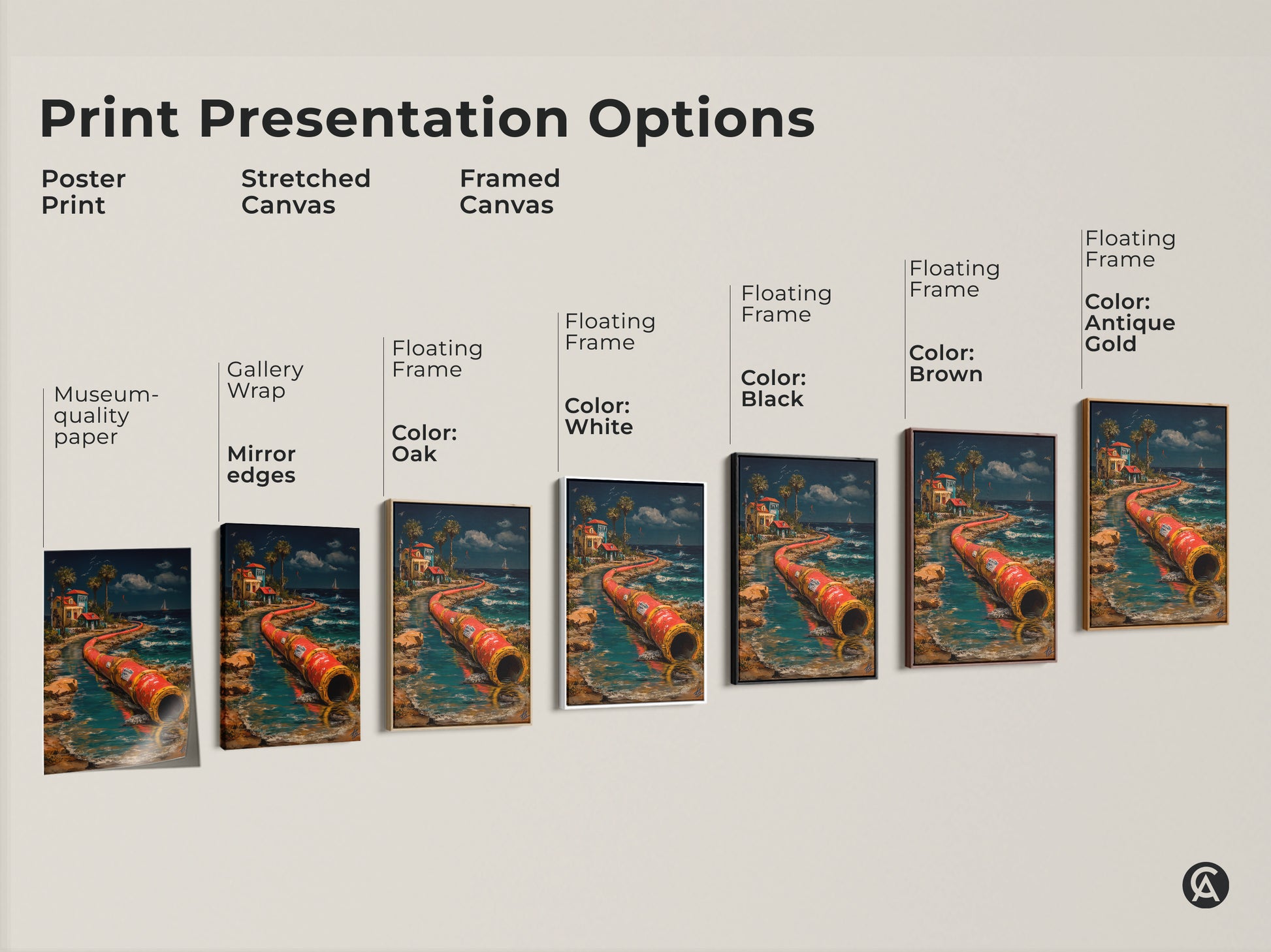 Explore print presentation options for surreal industrial pipeline artwork. Choose from poster prints stretched canvas or framed canvas. Select gallery wrap mirror edges or floating frames in oak white black brown or antique gold.