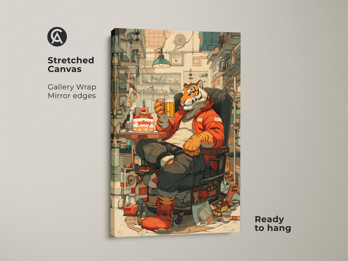 Stretched canvas print of a tiger with beer and cake. This gallery-wrapped artwork is ready to hang. Perfect for an eclectic home or office man cave decor. A humorous animal illustration for any animal enthusiast.