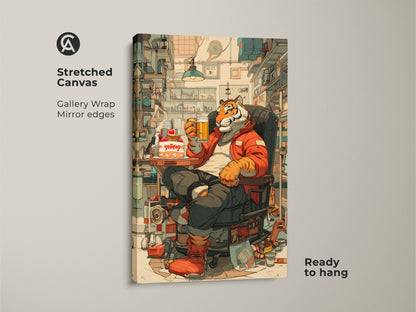 Stretched canvas print of a tiger with beer and cake. This gallery-wrapped artwork is ready to hang. Perfect for an eclectic home or office man cave decor. A humorous animal illustration for any animal enthusiast.