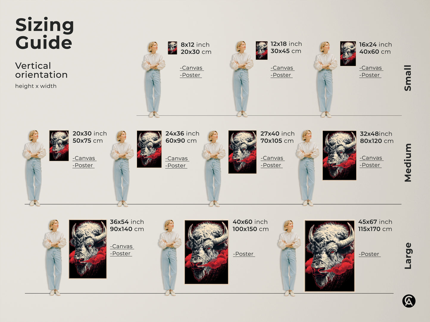 Sizing guide for buffalo canvas prints and posters. Visualize vertical art orientation with a woman standing beside various sizes. Select small medium or large wildlife art for your den. Sizes range from 8x12 to 45x67 inches. You can select the one you like the most.
