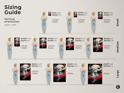 Sizing guide for buffalo canvas prints and posters. Visualize vertical art orientation with a woman standing beside various sizes. Select small medium or large wildlife art for your den. Sizes range from 8x12 to 45x67 inches. You can select the one you like the most.