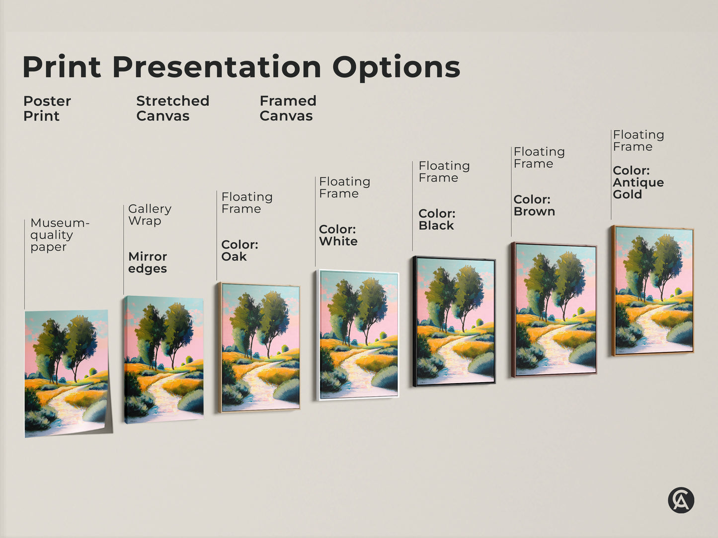 Explore print presentation options featuring yellow green rolling hills artwork. Options include poster print stretched and framed canvas. Each format showcases this idyllic countryside canvas perfectly. Find the ideal art for residential wall decor.