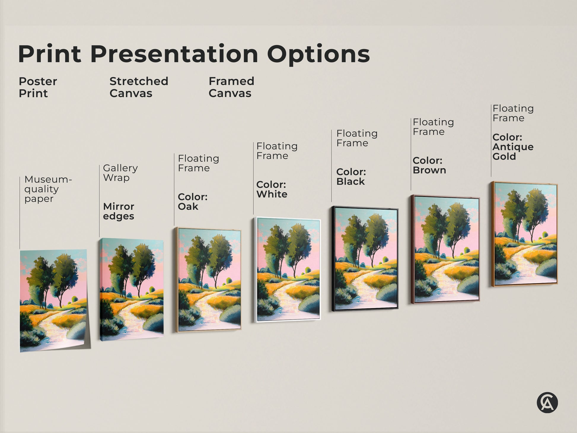 Explore print presentation options featuring yellow green rolling hills artwork. Options include poster print stretched and framed canvas. Each format showcases this idyllic countryside canvas perfectly. Find the ideal art for residential wall decor.