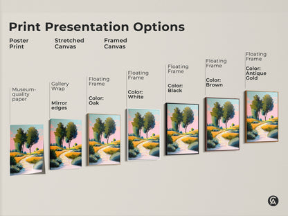 Explore print presentation options featuring yellow green rolling hills artwork. Options include poster print stretched and framed canvas. Each format showcases this idyllic countryside canvas perfectly. Find the ideal art for residential wall decor.