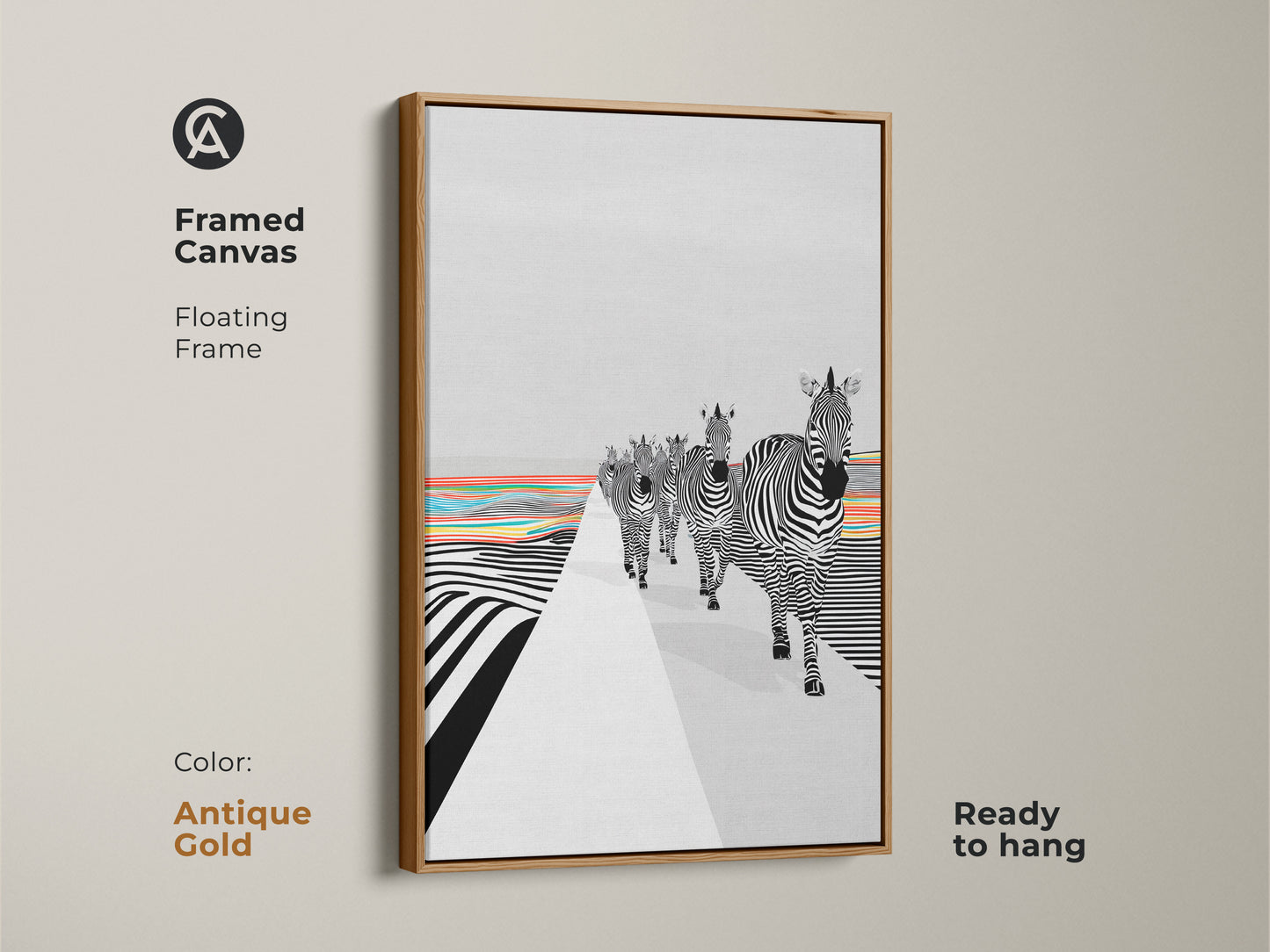 The floating frame is an antique gold color. This abstract zebra canvas art is a high quality art print. This is a unique animal print for your living room. The contemporary eclectic wall art is ready to hang. The artwork features black and white zebras and rainbow stripes