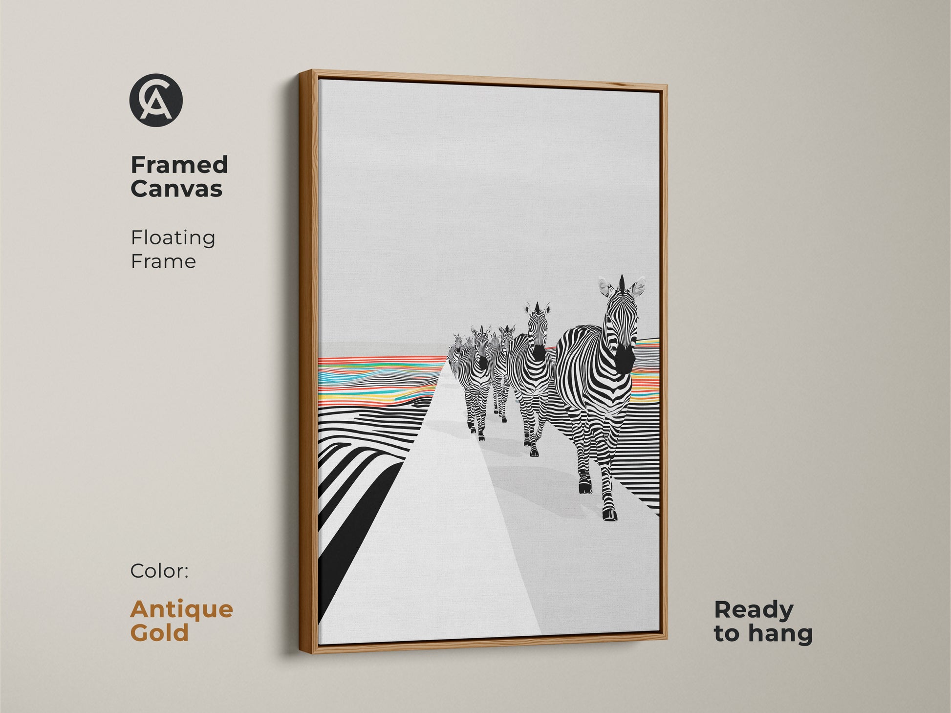 The floating frame is an antique gold color. This abstract zebra canvas art is a high quality art print. This is a unique animal print for your living room. The contemporary eclectic wall art is ready to hang. The artwork features black and white zebras and rainbow stripes