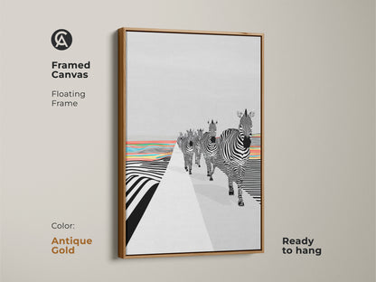 The floating frame is an antique gold color. This abstract zebra canvas art is a high quality art print. This is a unique animal print for your living room. The contemporary eclectic wall art is ready to hang. The artwork features black and white zebras and rainbow stripes