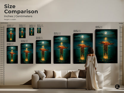 Size comparison of the Fantasy Art Print. See how the surreal underwater city art looks in various sizes ranging from 20x30 cm to 45x67 inches. This golden orange and deep blue print will enhance any room's decor with its unique charm.