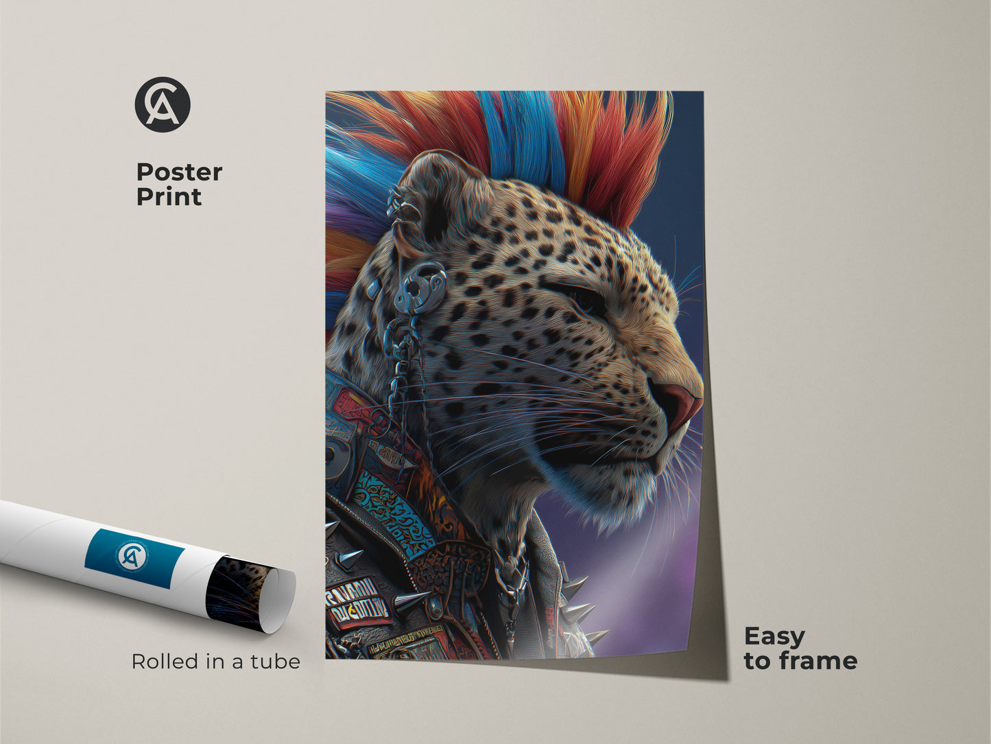 Poster Print of a Leopard with a Mohawk. This punk animal art offers easy framing options. This rebel animal artwork is perfect for alternative home decor. The art showcases a cyberpunk aesthetic blending blue and red colors. Consider this unique animal print as a gift.