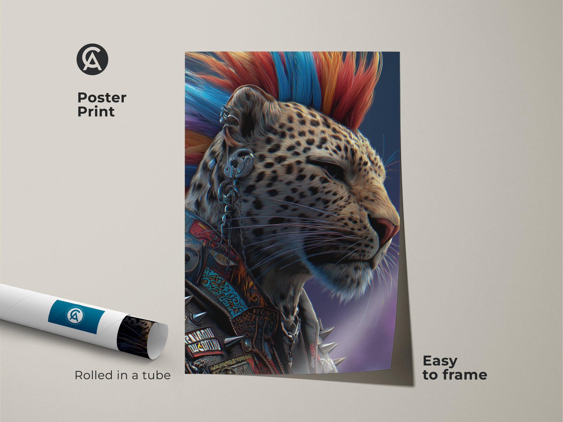Poster Print of a Leopard with a Mohawk. This punk animal art offers easy framing options. This rebel animal artwork is perfect for alternative home decor. The art showcases a cyberpunk aesthetic blending blue and red colors. Consider this unique animal print as a gift.