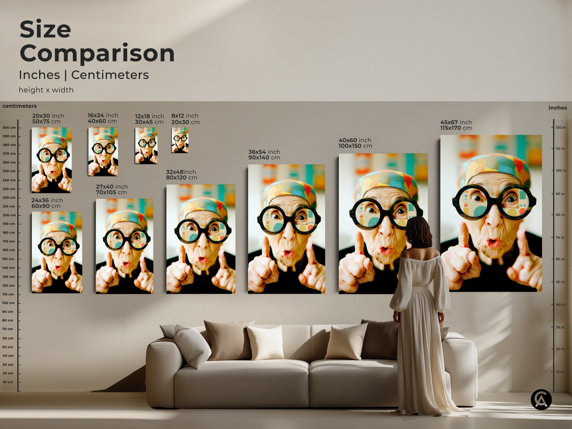 Size comparison of artwork featuring an elderly woman with glasses. See how different sizes look above a sofa. Choose from various canvas and poster dimensions. Find the perfect art piece for your home. Explore unique wall art options.
