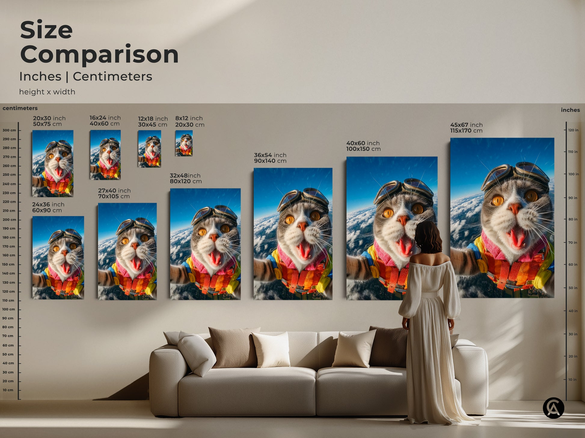 This size comparison shows inches and centimeters. The artwork features a skydiving cat. The art is available in multiple sizes. It is perfect for any space and style.