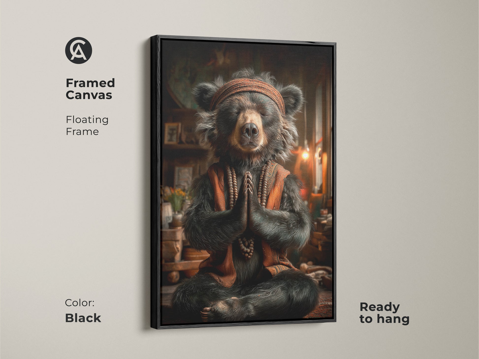 Framed Canvas in black featuring a meditating bear artwork. It comes with a floating frame. This piece is ready to hang. Perfect for zen room decor and mindful home art. A rustic bear canvas for earthy boho decor.