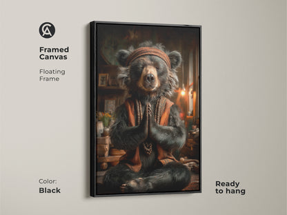 Framed Canvas in black featuring a meditating bear artwork. It comes with a floating frame. This piece is ready to hang. Perfect for zen room decor and mindful home art. A rustic bear canvas for earthy boho decor.
