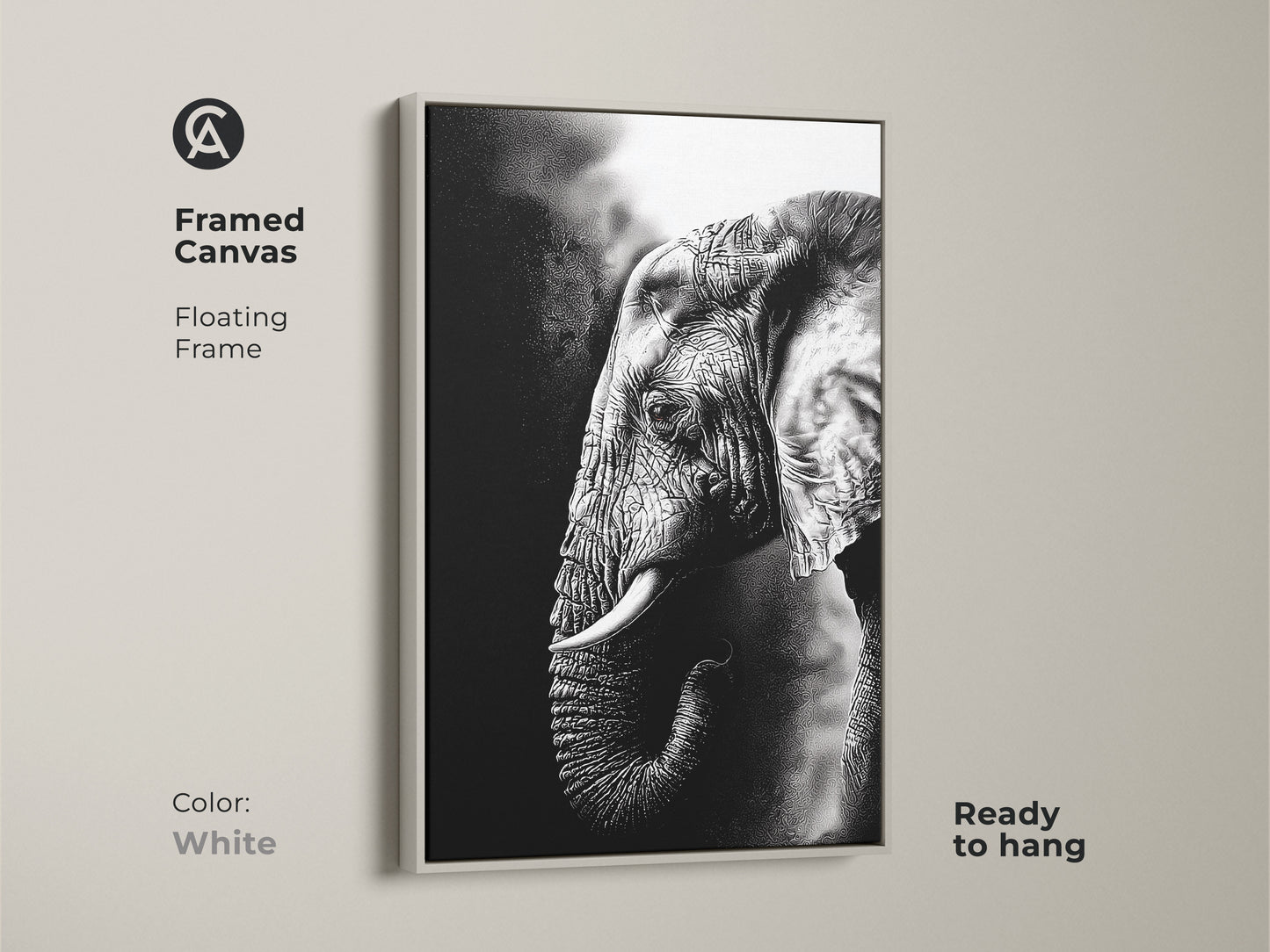 White framed canvas with monochrome elephant art is minimalist. The floating frame highlights this wildlife animal canvas. Ready to hang the black and white elephant print adds modern home decor. This fine art elephant artwork complements any interior.