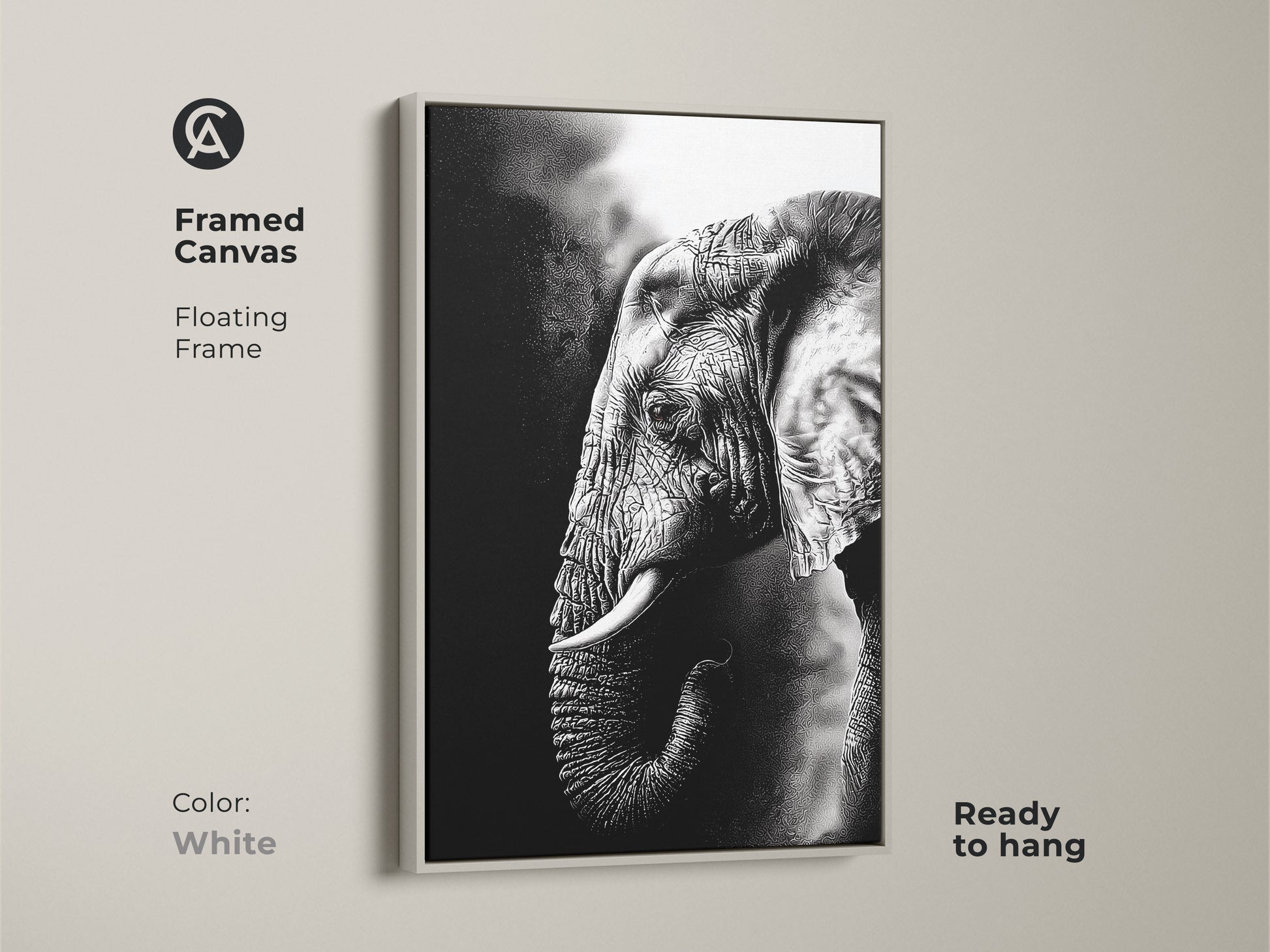 White framed canvas with monochrome elephant art is minimalist. The floating frame highlights this wildlife animal canvas. Ready to hang the black and white elephant print adds modern home decor. This fine art elephant artwork complements any interior.