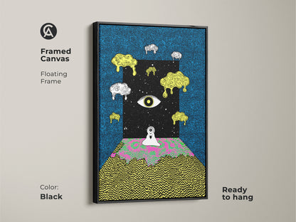 Framed canvas surreal eye artwork creating a mesmerizing portal to a cosmic realm. This psychedelic abstract art combines blue black and melting yellow hues. A lone figure stands before a trippy landscape. The black floating frame artwork is perfect for eclectic wall decor offering depth and intrigue