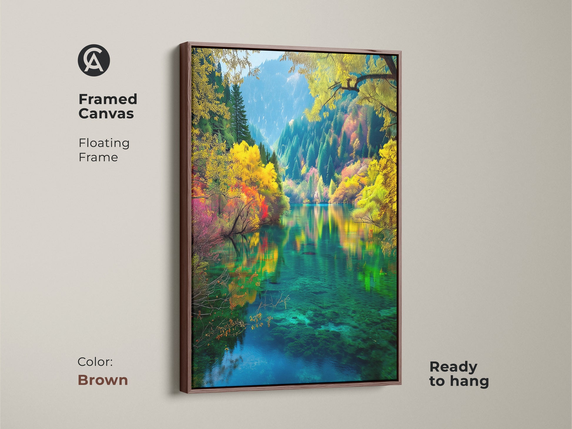 Transform your living space with this framed canvas art. The brown floating frame enhances the beauty of the Jiuzhaigou Valley scene. Ready to hang this artwork adds a touch of nature and tranquility to any room. Shop now!