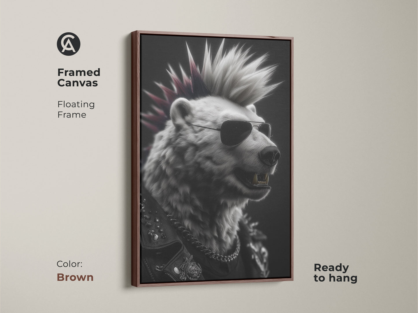Framed canvas featuring punk rock bear artwork. This gallery wrapped canvas has a brown floating frame. The art shows a bear with a mohawk and sunglasses. Ready to hang adding a rebellious touch. This eclectic decor suits a music lover's space. Elevate your home with this unique animal artwork.