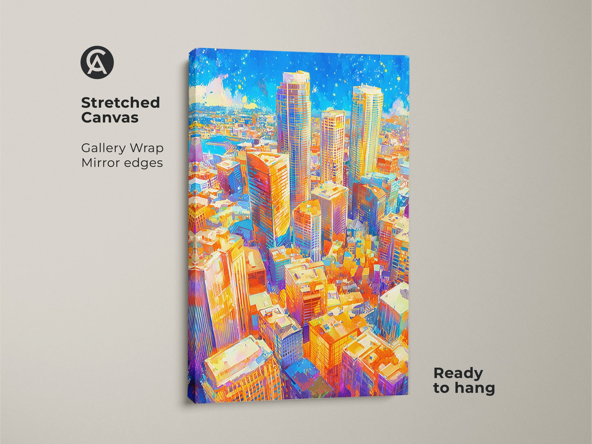 Ready to hang stretched canvas featuring a colorful cityscape. The gallery wrap with mirror edges offers a clean contemporary look. The vibrant artwork brings an urban landscape to your home decor. It is perfect for modern art lovers.