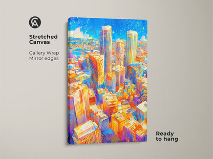 Ready to hang stretched canvas featuring a colorful cityscape. The gallery wrap with mirror edges offers a clean contemporary look. The vibrant artwork brings an urban landscape to your home decor. It is perfect for modern art lovers.