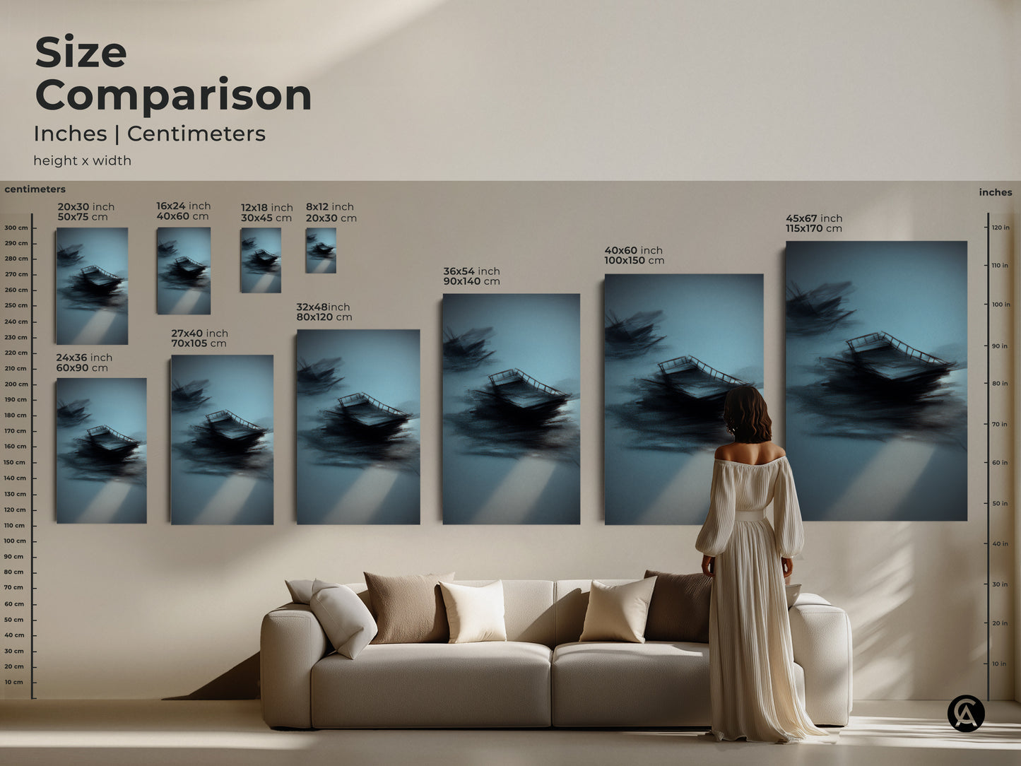 Size comparison of teal abstract sailboat art. Inches and centimeters are displayed. Sizes range from 16x24 to 45x67 inches. See how the artwork complements a modern living room sofa. Visualize the impact.