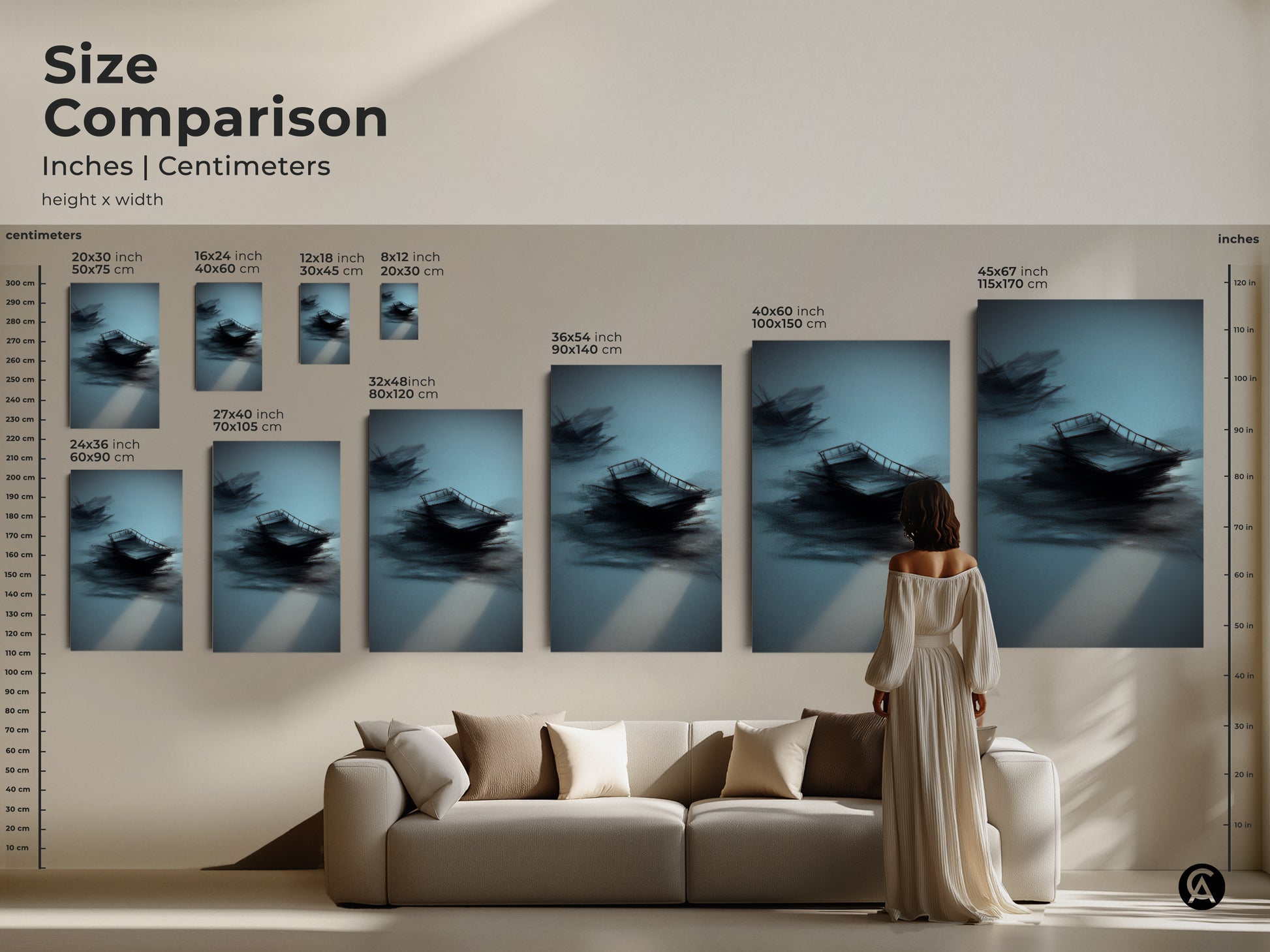 Size comparison of teal abstract sailboat art. Inches and centimeters are displayed. Sizes range from 16x24 to 45x67 inches. See how the artwork complements a modern living room sofa. Visualize the impact.