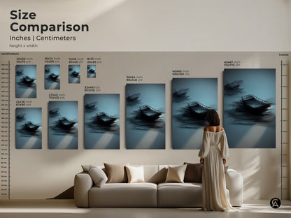 Size comparison of teal abstract sailboat art. Inches and centimeters are displayed. Sizes range from 16x24 to 45x67 inches. See how the artwork complements a modern living room sofa. Visualize the impact.