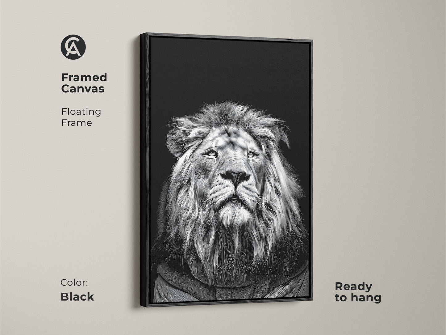 Framed canvas with a floating frame showcasing a realistic monochrome lion portrait. This black framed black and white lion canvas is ready to hang. Enhance your office study with this wildlife animal art decor. A perfect animal lover gift that fits modern home decor. The high contrast art is dramatic.