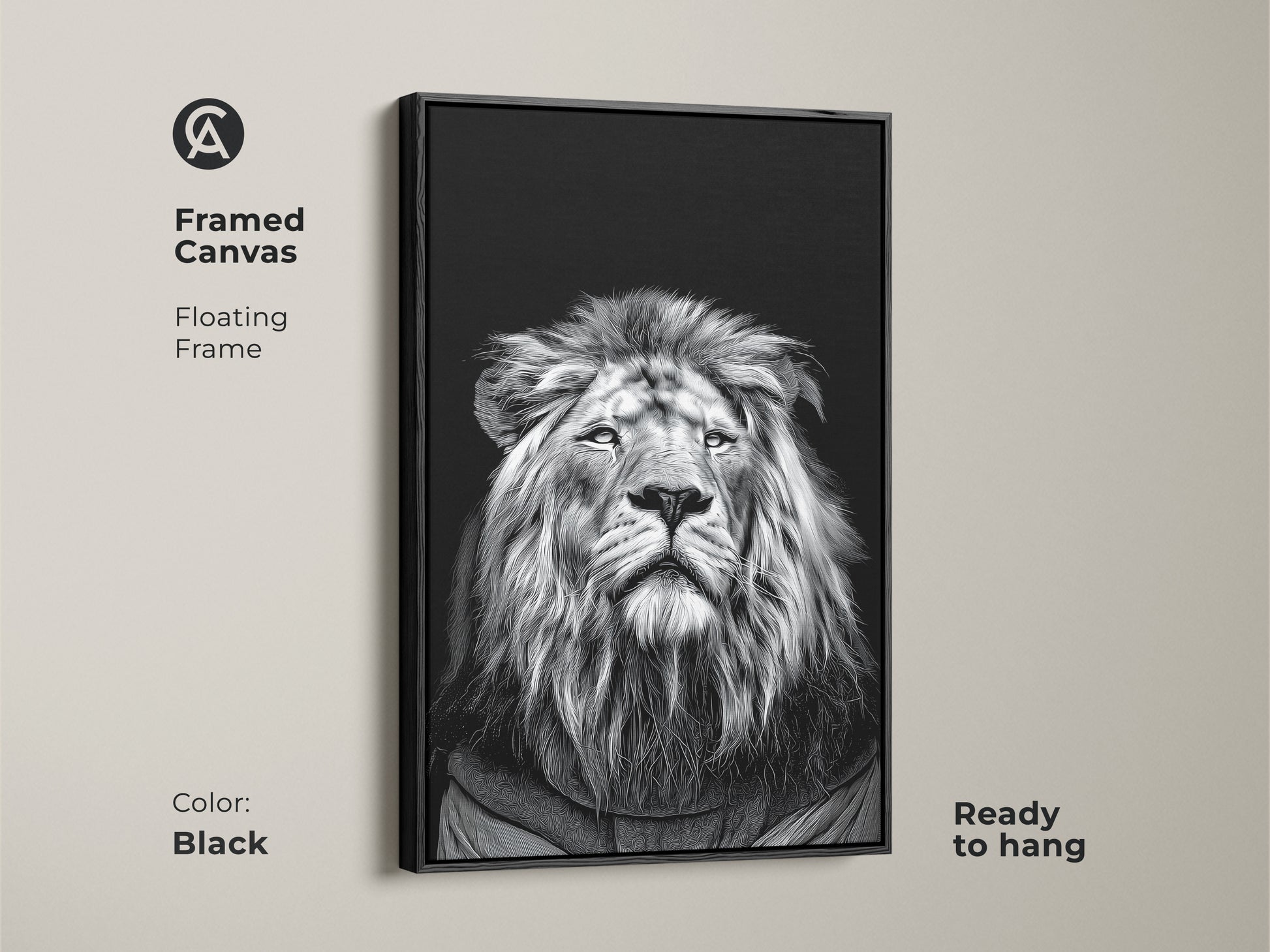 Framed canvas with a floating frame showcasing a realistic monochrome lion portrait. This black framed black and white lion canvas is ready to hang. Enhance your office study with this wildlife animal art decor. A perfect animal lover gift that fits modern home decor. The high contrast art is dramatic.