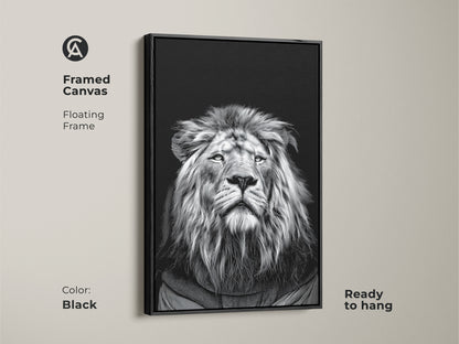 Framed canvas with a floating frame showcasing a realistic monochrome lion portrait. This black framed black and white lion canvas is ready to hang. Enhance your office study with this wildlife animal art decor. A perfect animal lover gift that fits modern home decor. The high contrast art is dramatic.
