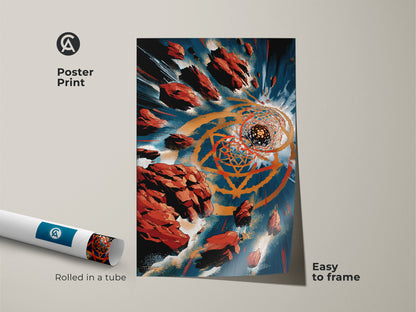 Poster print of a teal abstract geometric art piece rolled in a tube for easy framing. This shapes and lines canvas features modern orange and gold tones. This wall art is a great housewarming gift