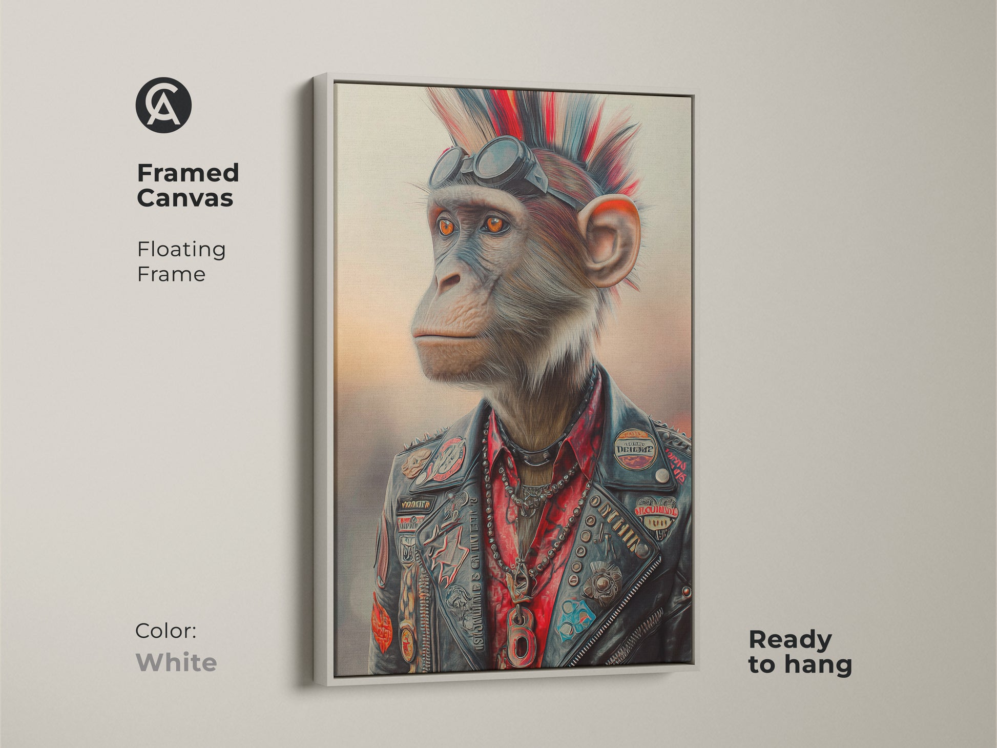 Framed canvas displays rock and roll chimpanzee art. The punk animal wall art has a floating white frame. A leather jacket monkey offers eclectic style. This is a great music lover gift ready to hang. Find alternative animal artwork for unique home decor
