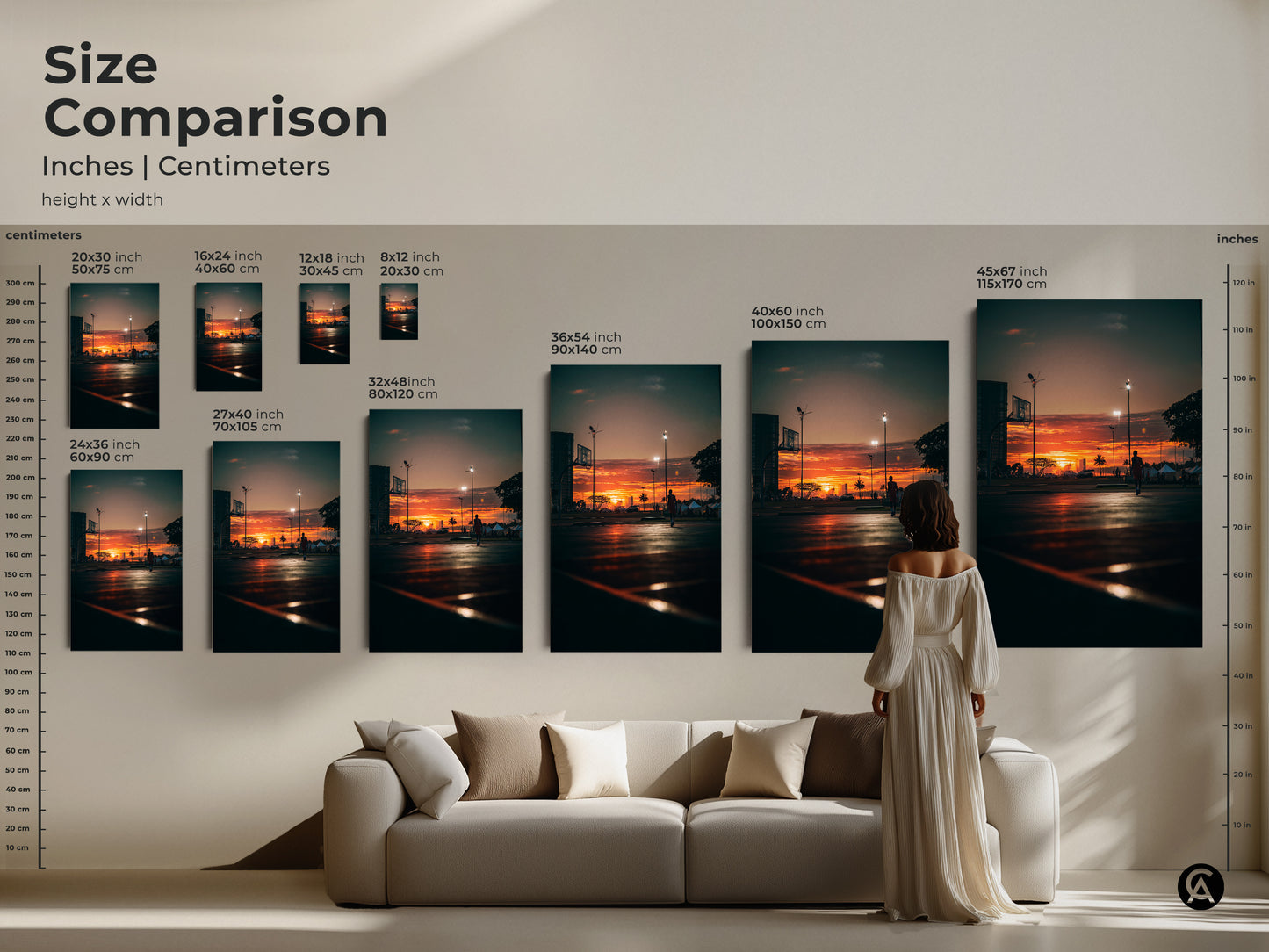 Size comparison of art prints in inches and centimeters. See how different sizes fit above a sofa. Choose from 8x12 to 45x67 inches. Canvas and poster options available.