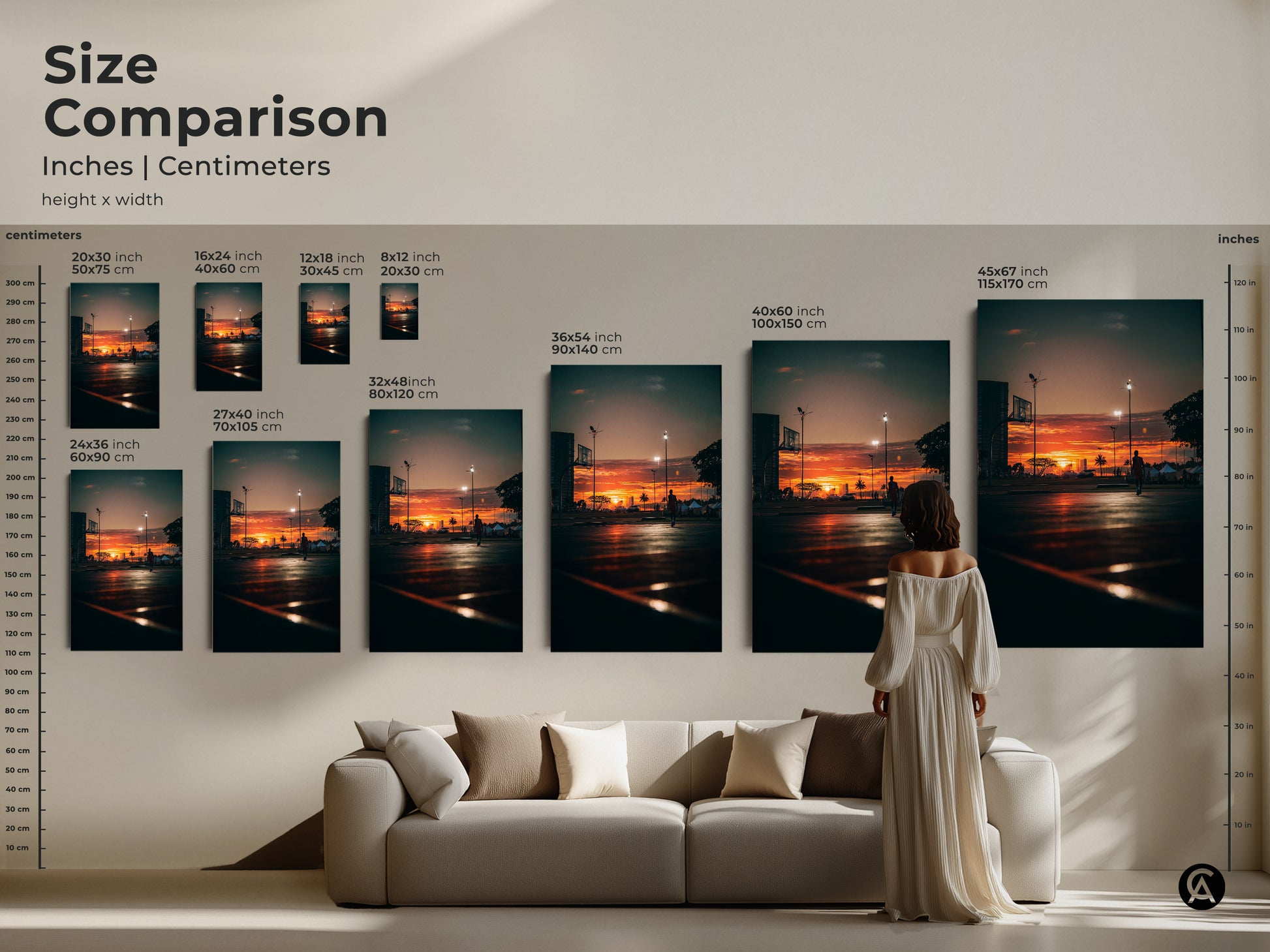 Size comparison of art prints in inches and centimeters. See how different sizes fit above a sofa. Choose from 8x12 to 45x67 inches. Canvas and poster options available.