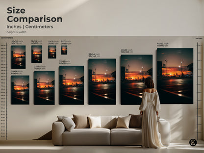 Size comparison of art prints in inches and centimeters. See how different sizes fit above a sofa. Choose from 8x12 to 45x67 inches. Canvas and poster options available.