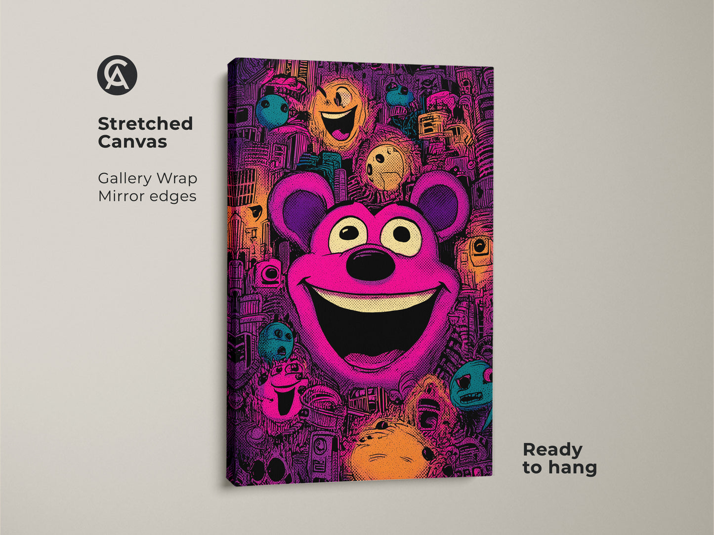 Stretched canvas art showcasing a vibrant teddy bear in a pop art style. The gallery wrapped canvas has mirror edges. This colorful artwork is ready to hang offering a playful touch to your home decor.