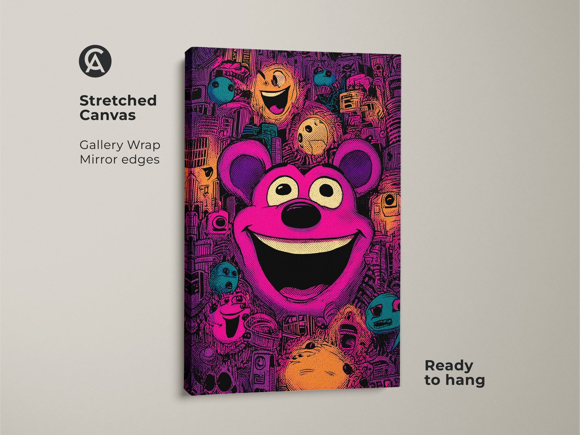 Stretched canvas art showcasing a vibrant teddy bear in a pop art style. The gallery wrapped canvas has mirror edges. This colorful artwork is ready to hang offering a playful touch to your home decor.