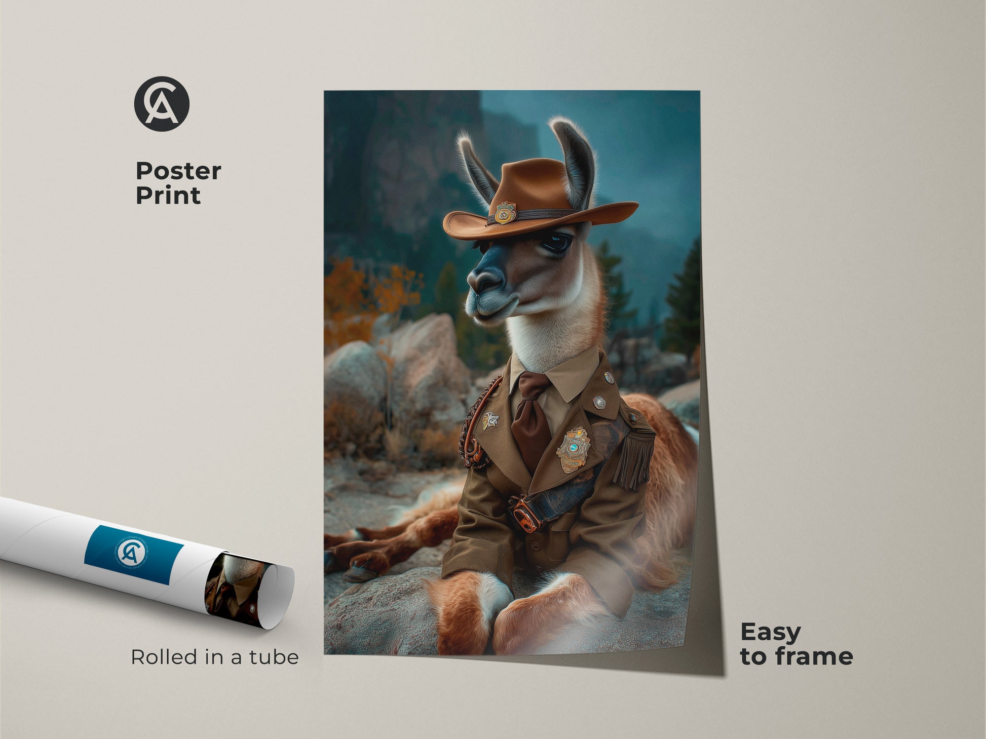 Poster print of the surreal Cowboy Llama artwork rolled in a tube. The poster is easy to frame featuring a llama in a cowboy hat and attire. It is a quirky wall art gift for animal lovers and eclectic art collectors.
