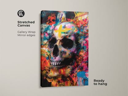 Stretched canvas art featuring a skull with a cross. Gallery wrapped with mirror edges. The colorful skull painting is ready to hang. This canvas art adds a modern touch to any home decor.
