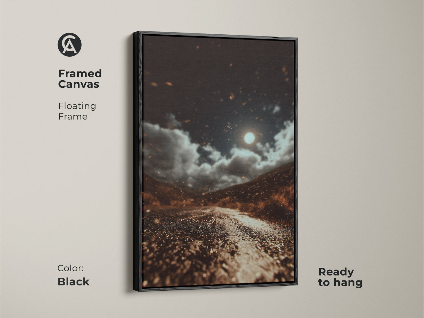 Framed in black this canvas features a moonlit road. The dark brown landscape artwork has gray and orange accents. It's an eclectic home decor piece ready to hang. This nature wall art print captures a celestial night sky. The cinematic road trip artwork brings a moody landscape. Perfect for travel lovers.