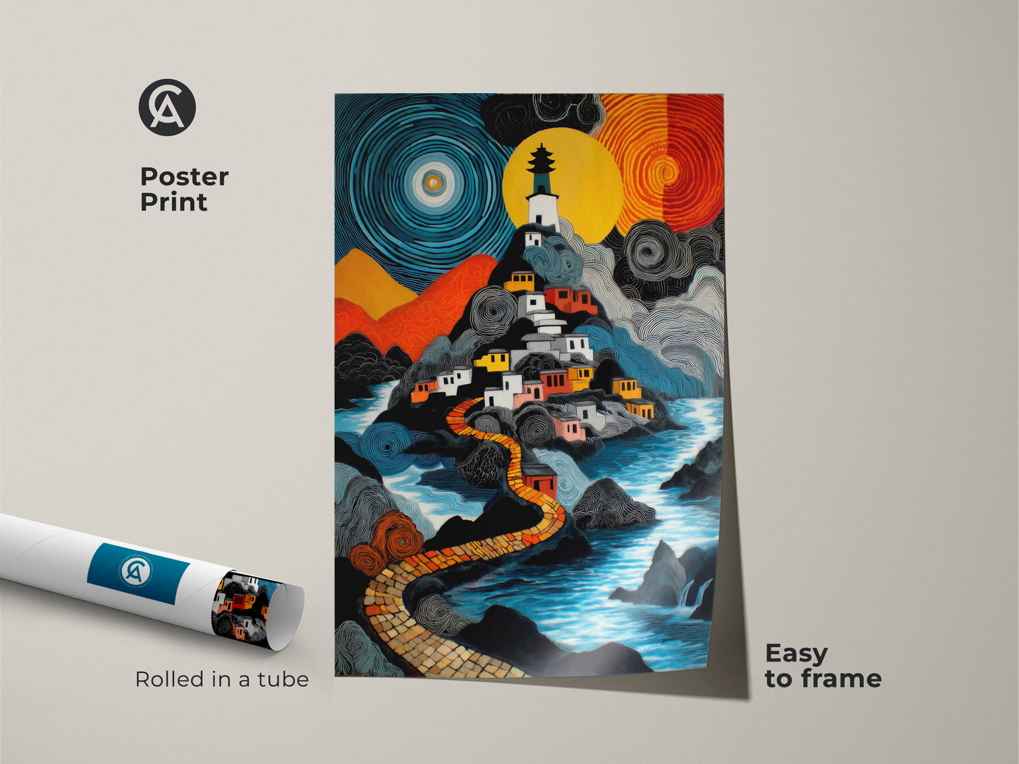 The poster print displays a naive art lighthouse village in a fantasy landscape. The artwork uses blue yellow and orange colors. It's an eclectic piece of travel decor and arrives rolled in a tube for easy framing. The print adds a unique touch to Bohemian homes.
