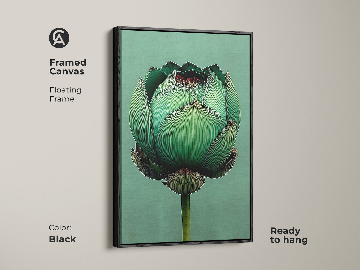 Framed canvas of an emerald green lotus flower. The black floating frame enhances this minimalist botanical art. Ready to hang in your meditation space. Perfect housewarming gift for nature lovers seeking zen garden vibes.